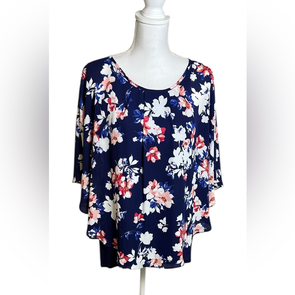 Elle Navy Blue Floral Size XXL Tank Batwing Blouse